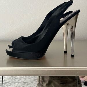 bebe KATIE Black Slingback Heels with Silver Stiletto never worn size 9